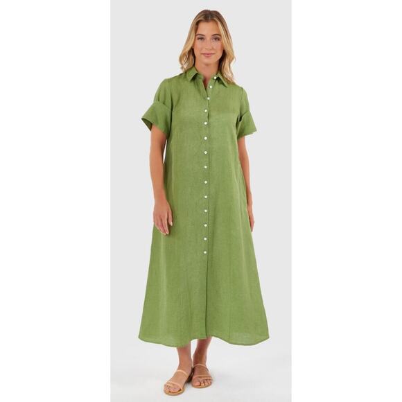 Livro Gibbons Short Sleeve Collared Button Down Midi Dress Lime Green Bouquet M - Picture 2 of 8
